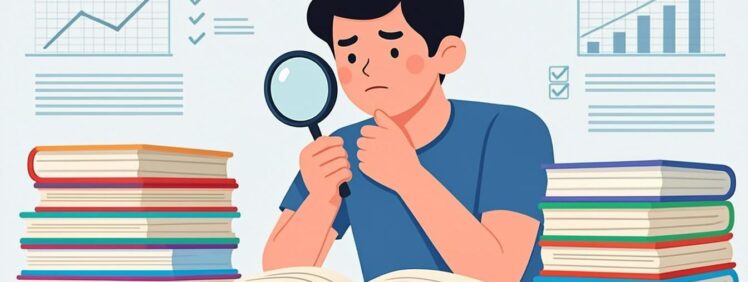 Student choosing the right textbook edition with magnifying glass