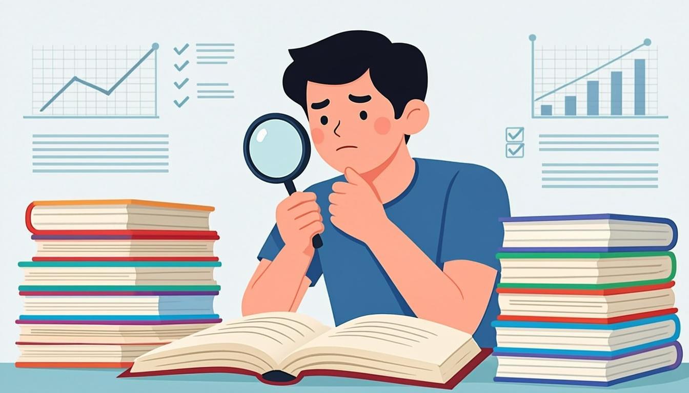 Student choosing the right textbook edition with magnifying glass