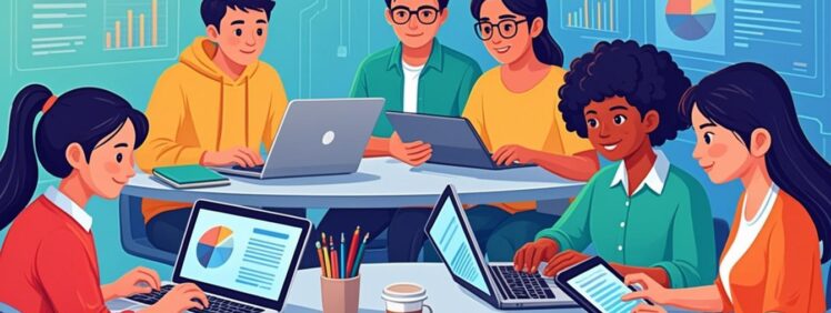 Diverse students using digital study resources on laptops and tablets