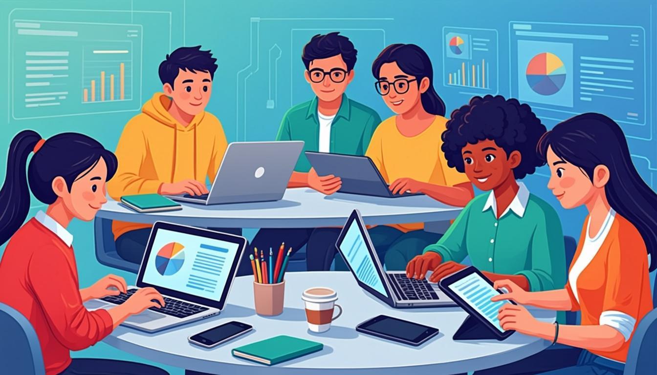 Diverse students using digital study resources on laptops and tablets