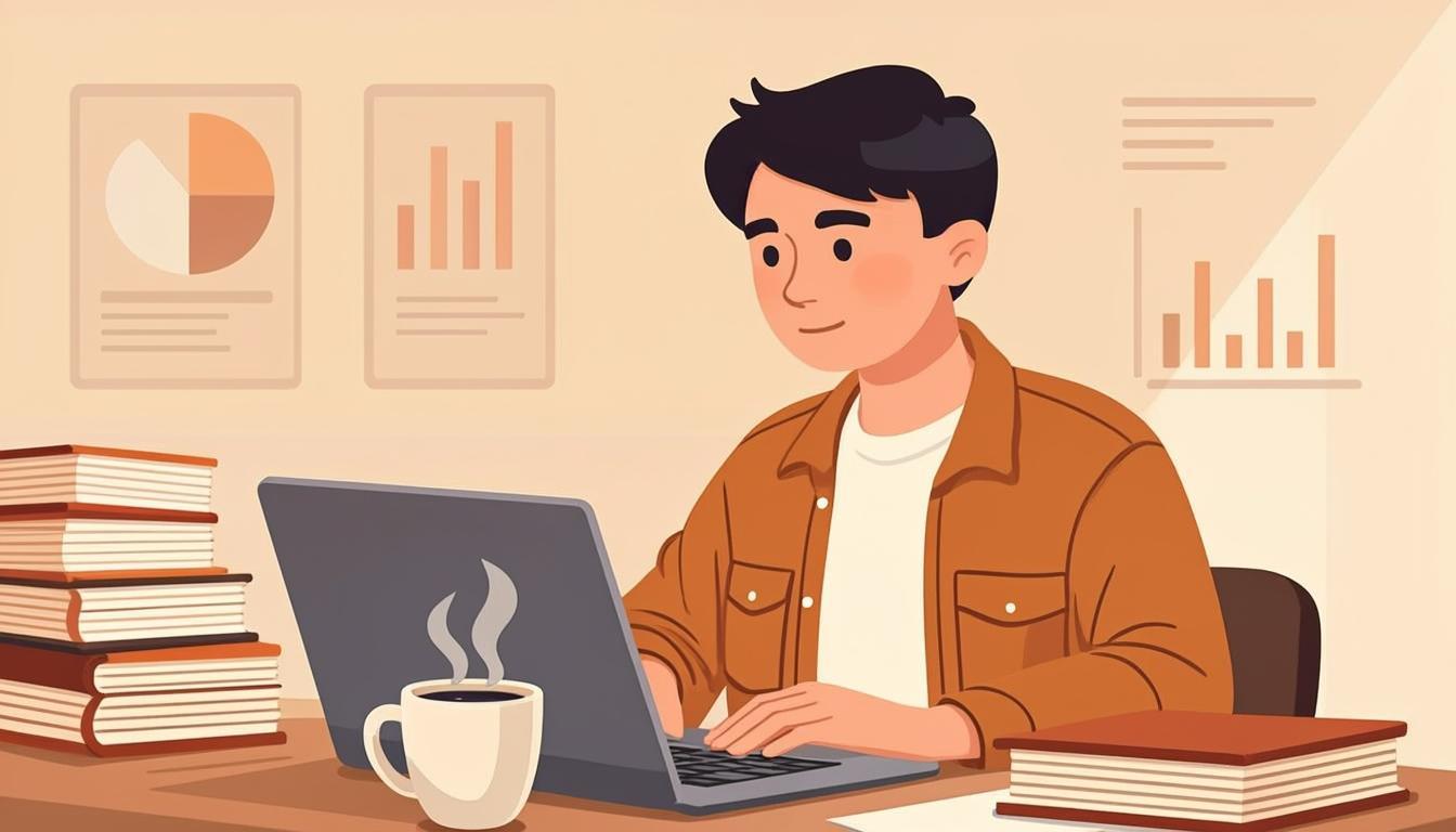 Student writing research paper on laptop with books and coffee