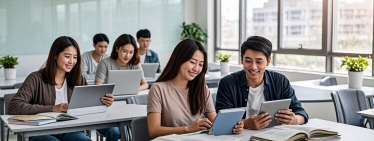 Modern classroom with students using digital tablets and ebooks