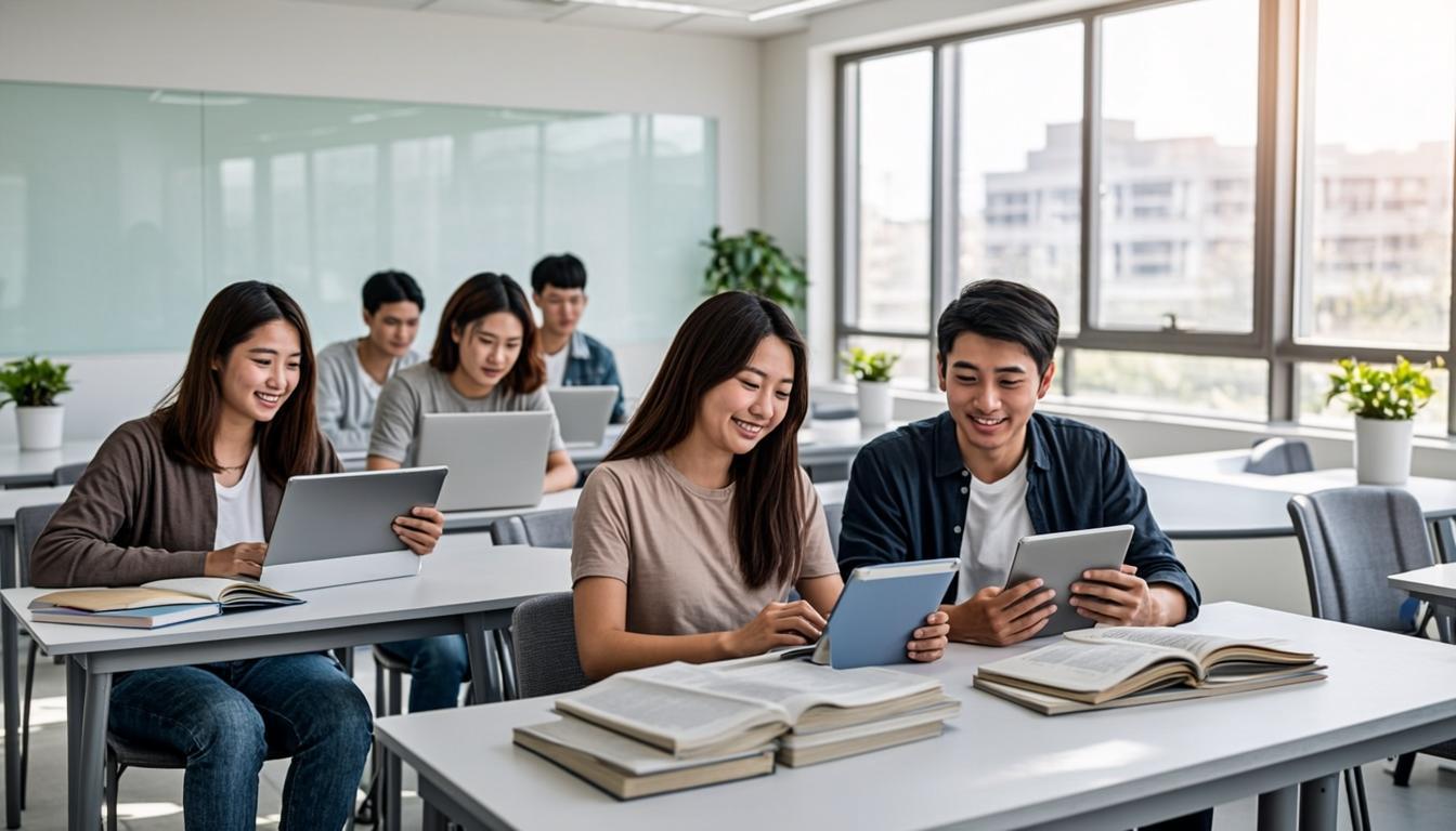 Modern classroom with students using digital tablets and ebooks