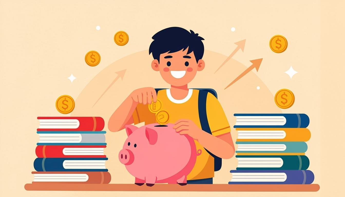 College student saving money on textbooks with piggy bank