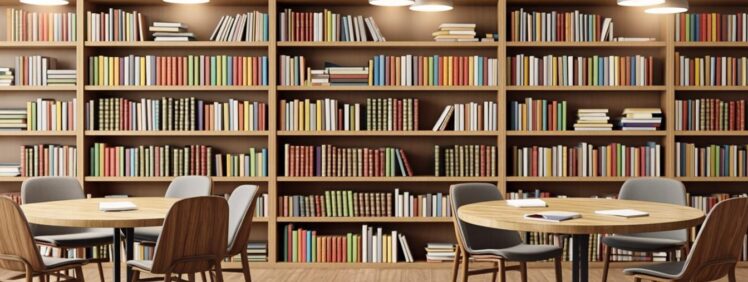 Cozy bookshelf library with diverse book collection for students