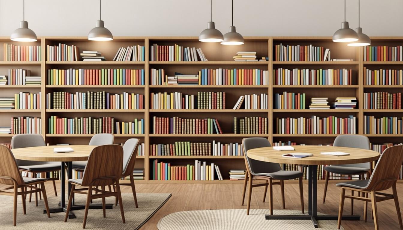 Cozy bookshelf library with diverse book collection for students