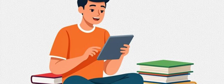 College student studying with digital tablet and textbooks