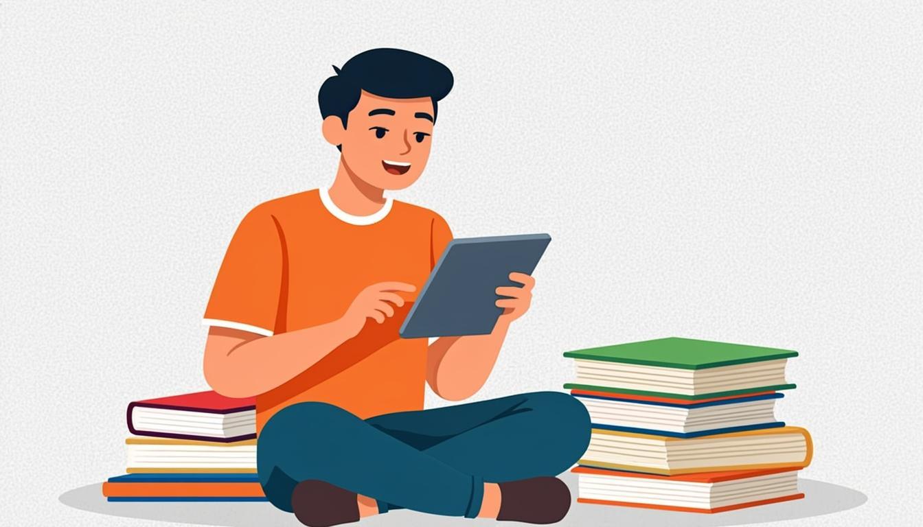 College student studying with digital tablet and textbooks